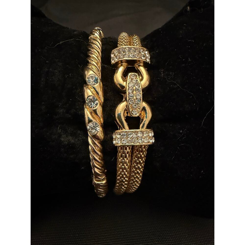Gold Tone Elastic Rhinestone Mesh Buckle Expansion Stretch Bracelet Lot Set Sz 7 - Picture 2 of 10